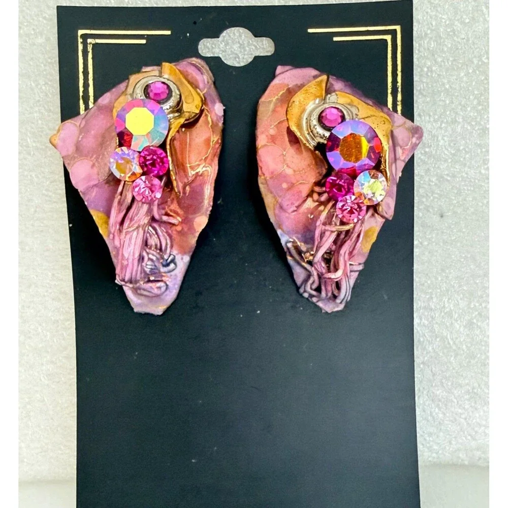 Vintage 1988 Lacombe Signed Abstract Mixed Media Clay Rhinestone Clip On Earring